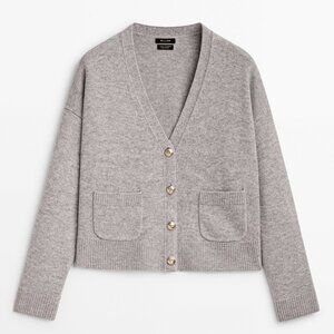 Massimo Dutti Wool Cashmere Blend V Neck Cardigan With Gold Button Details